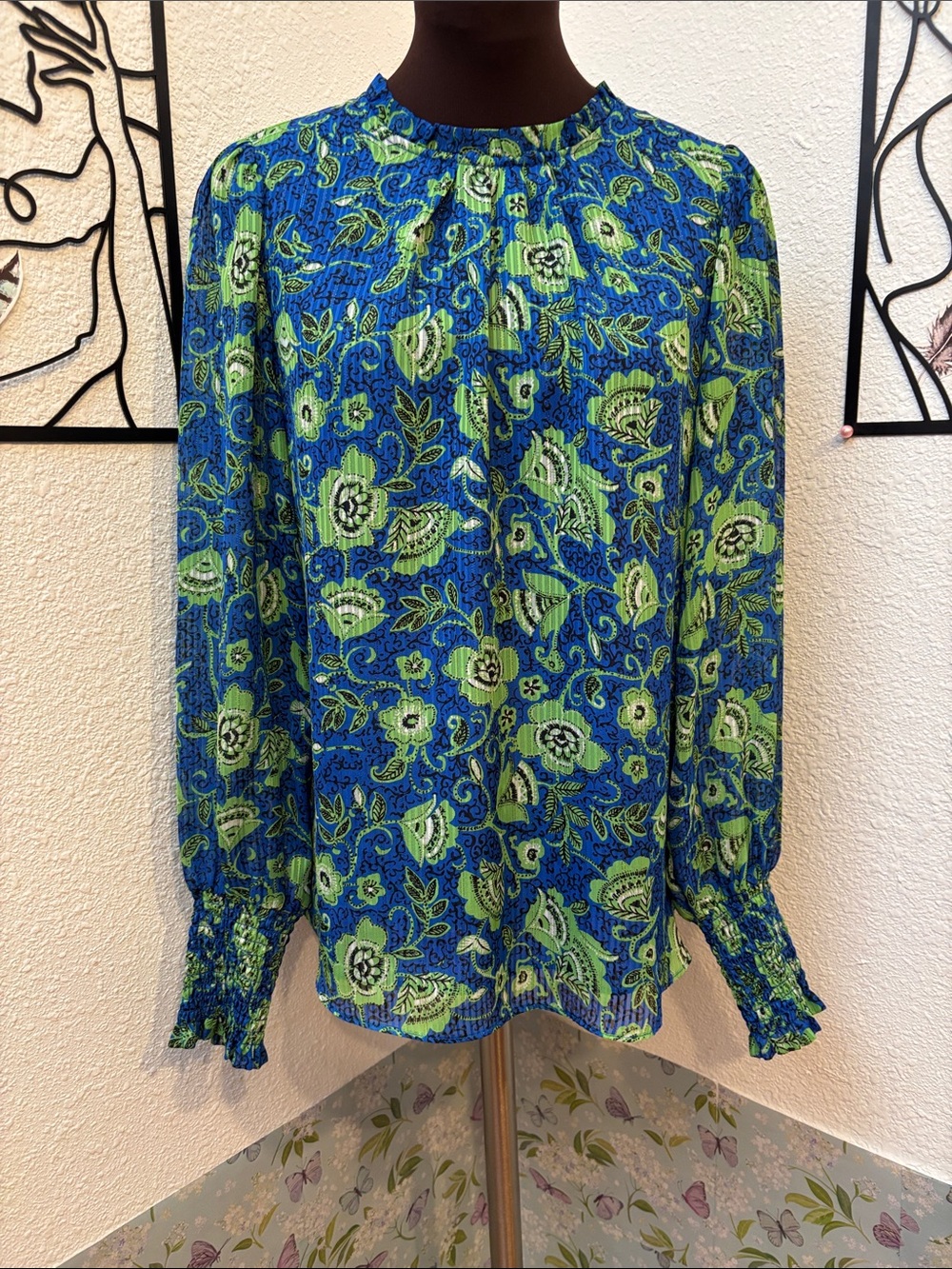 Maison d Amelie blue & lime green vibrant floral bishop sleeve top. Size S.